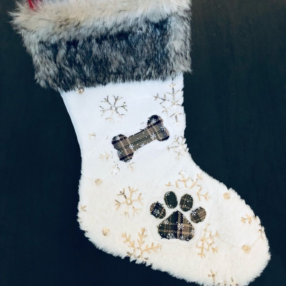 Christmas Faux Fur Plaid Paw Print Dog Sequin Snowflake Holiday Stocking